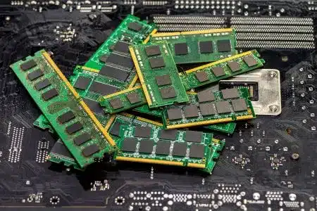 Several green RAM modules are stacked on a black computer motherboard, ideal for forensic workstations requiring high performance, especially with the latest core ultra 9 285k processors.