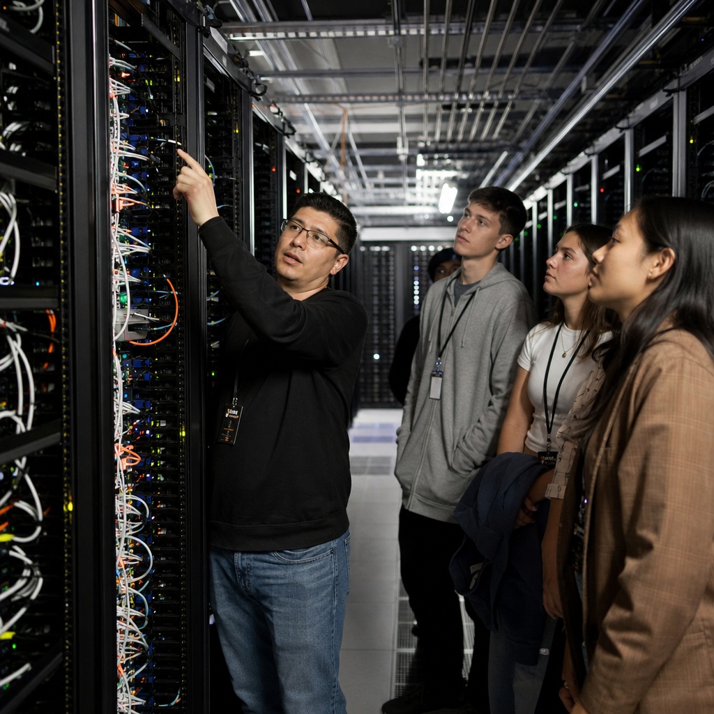 University students working with professor on hpc clusters in server room