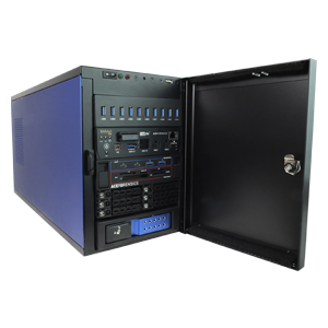 Rackmount computer server with a blue side panel and an open front door, revealing multiple drive bays, ports, and control buttons.