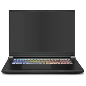 A black Raptor 5090 performance laptop with a large screen and a backlit keyboard displaying a vibrant rainbow color pattern.
