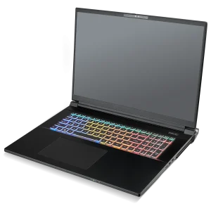 A black Raptor 5090 performance laptop with a large screen and a keyboard illuminated with multicolored backlighting, shown on a white background.