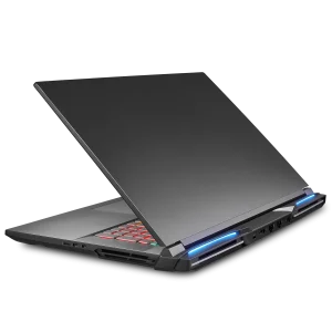 A partially open black Raptor 5090 performance laptop with RGB keyboard lighting and blue LED accents on the back, viewed from a rear side angle.