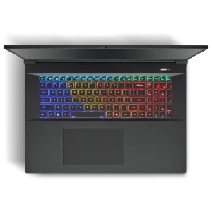 Top view of the Raptor 5090, a high-performance laptop featuring a black chassis, rainbow-colored backlit keyboard, and a large trackpad.