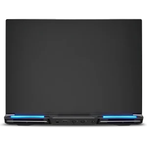 Closed black Raptor 5090 performance laptop viewed from the back, featuring two blue LED light strips and multiple ports including HDMI, USB, Ethernet, and a power connector.