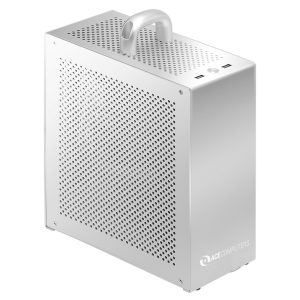 A silver Mini AMD AI Desktop computer case with perforated side panels, a carrying handle on top, and the ACE COMPUTERS logo in the bottom right corner.