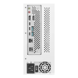 Rear view of a Mini AMD Desktop case showing various ports, including HDMI, USB, Ethernet, audio jacks, a power connector, and a cooling fan—perfect for an efficient AI Desktop setup.