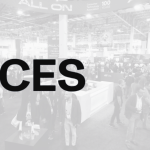 Large CES 2025 logo overlaid on a grayscale photo of a busy trade show floor, with crowds walking past booths, including Ace Computers, in the background.