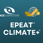ACE Computers and EPEAT Climate+ logos on a blue background with the text “EPEAT Climate+” in bold white letters, highlighting sustainable computers and displays.