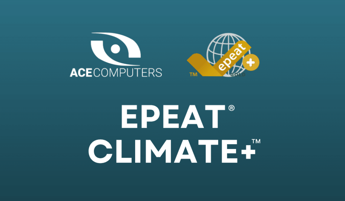 ACE Computers and EPEAT Climate+ logos on a blue background with the text “EPEAT Climate+” in bold white letters, highlighting sustainable computers and displays.