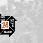 A group of masked military personnel salute, with a graphic overlay listing Army, Navy, USMC, Air Force, USSF, and Industry around the number 24, highlighting Ace Computers at I/ITSEC 2024.