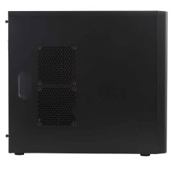 Black computer case tower with vented side panel, isolated on white background.