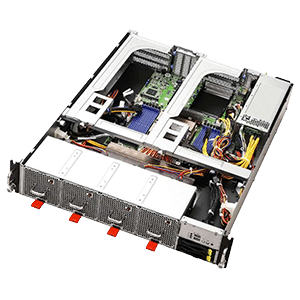 Open Powerworks GPU Server chassis showing internal components including cooling fans, circuit boards, wiring, and power supply, viewed from above for optimal Matrix Value.
