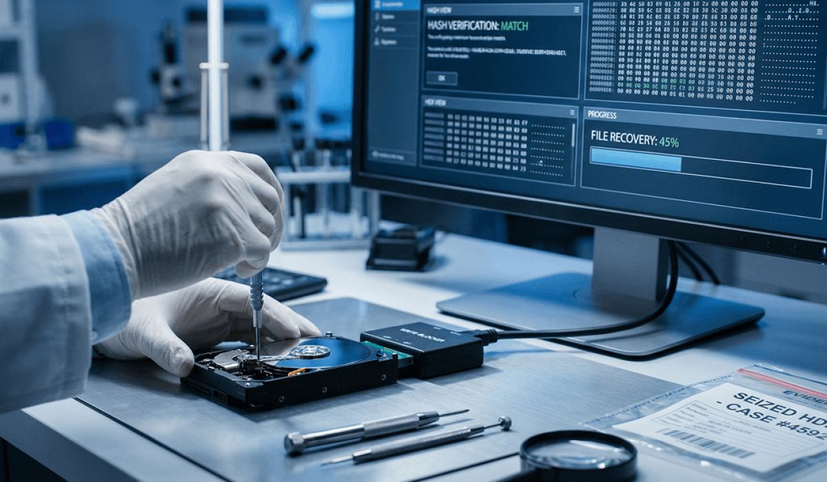 A gloved hand uses tools to examine an open hard drive on a lab desk; a computer monitor displays data recovery progress at 45% on the Homepage v1c.