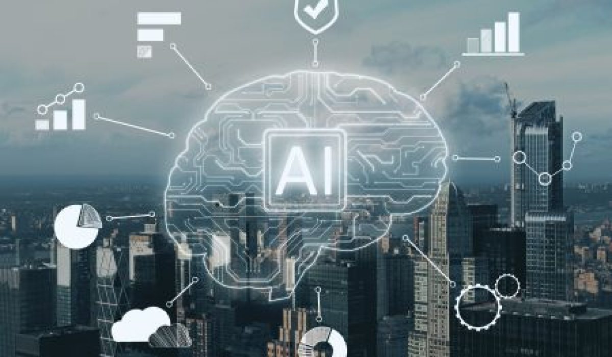 A digital brain labeled "AI" is superimposed over a city skyline, with technology and data icons connected around it, illustrating secure on premise AI solutions and innovative artificial intelligence applications.