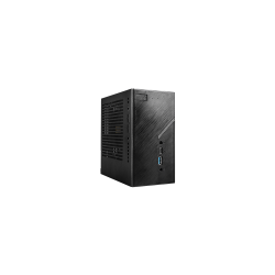 Black desktop tower computer on a white background.