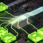 A close-up of an NVIDIA GTC 2024 circuit board with a highlighted green data transfer visualization connecting multiple processing units.