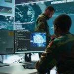 Military personnel in camouflage uniforms work at computer stations displaying surveillance data and maps, utilizing advanced Army Solutions in a high-tech operations room.