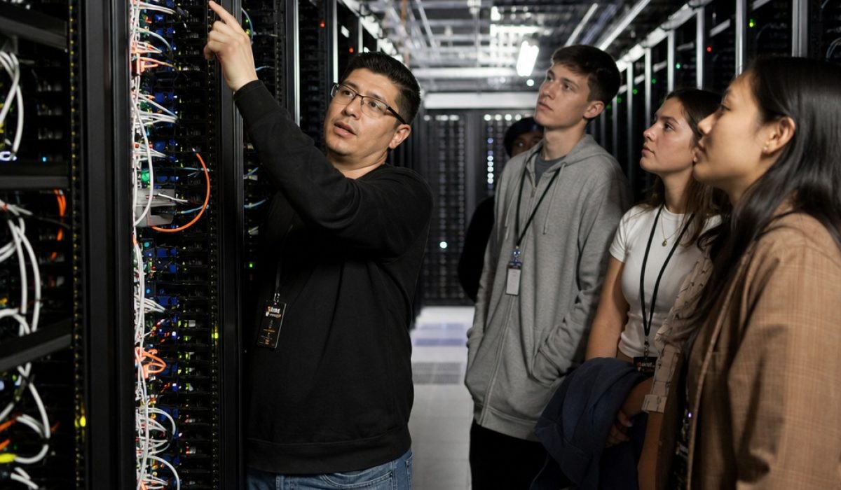 University students working with professor on hpc clusters in server room