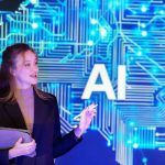 A woman holding a tablet and stylus stands in front of a digital background with a circuit pattern and the large letters "AI," representing the impact of Generative AI on modern technology.
