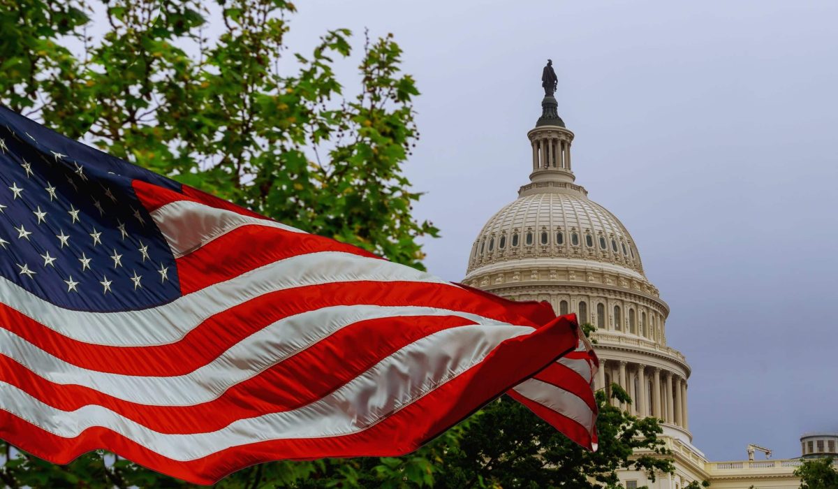 The U.S. Capitol dome is visible behind a waving American flag and leafy green tree branches under a cloudy sky, symbolizing the strength and unity that Army Solutions help protect every day.