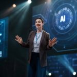 A woman in business attire speaks on stage at a tech event, with large digital screens behind her displaying graphics about AI Jobs and emerging technologies.